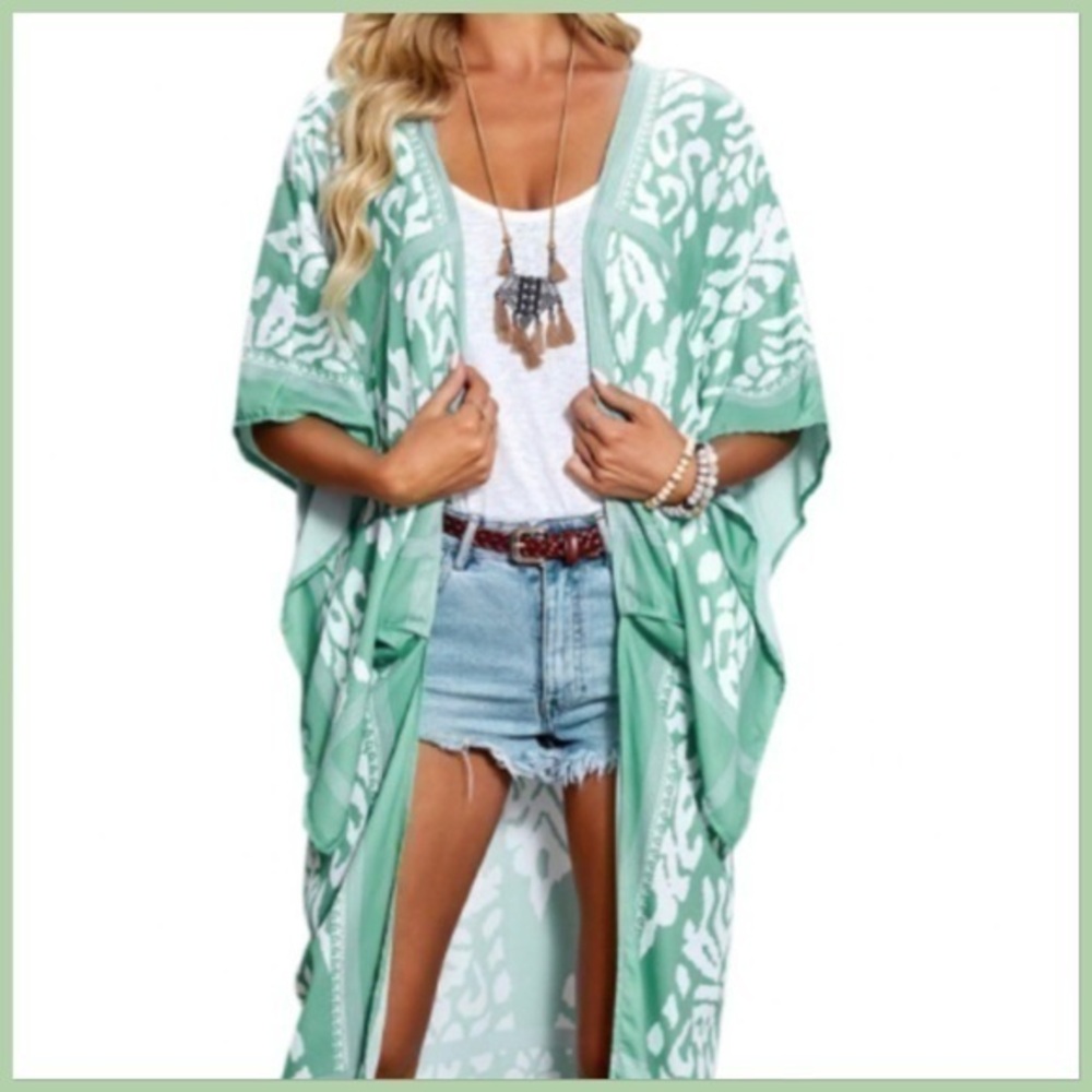 Green open front coverup kimono duster